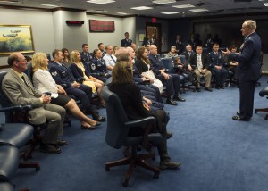 Air Force Chief of Staff Gen. Mark. A Welsh III talks with the 2014 and 2015 Lance P. Sijan Leadership award winners prior to their presentation ceremony in the Pentagon, Washington. D.C., April 7, 2016. The Sijan award, first presented in 1981, was named in honor of the first Air Force Academy graduate to receive the Congressional Medal of Honor. Each year it is given to a senior and junior officer, and a senior and junior enlisted member who demonstrated outstanding leadership abilities though out the year. Then Lt. Sijan was shot down over Vietnam on Nov. 9, 1967. Despite severe injuries he evaded capture for 45 days. He was promoted to Capt. while in captivity. He later died while being held at the infamous Hanoi Hilton, and was posthumously awarded the Medal of Honor for his heroism. The 2014 winners are: Lt. Col. Stephen Matthews, Capt. John Sullivan, Master Sgt. Janell McGivern and Senior Airman Tristen Windel. The winners for 2015 are: Maj. Patrick Kolesiak, Capt. David Plachno, Senior Master Sgt. Justin Deisch and Tech. Sgt. Kevin Henderson. (U.S. Air Force photo/Jim Varhegyi)